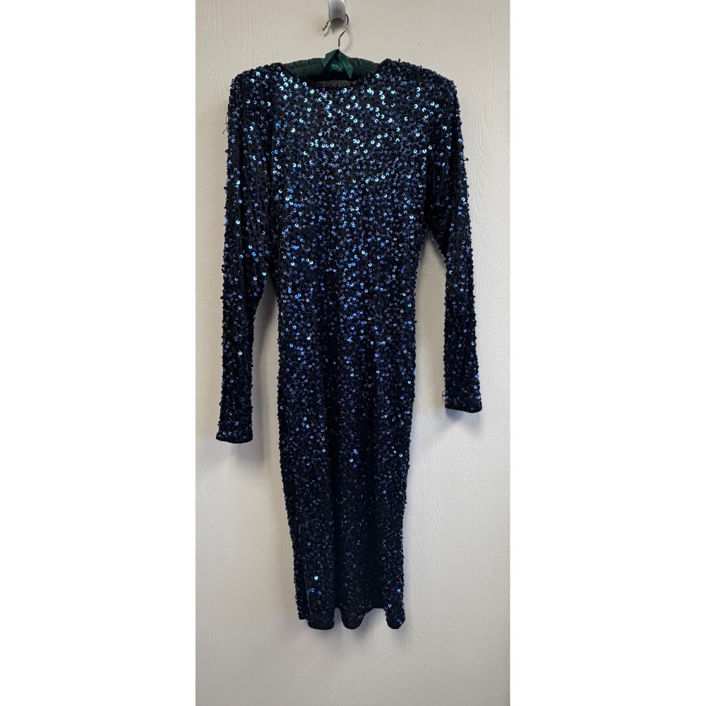 Oleg Cassini Vintage Blue Sequin Deep V-Back Midi Dress Long Sleeve Size 4